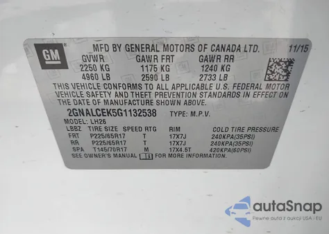 2016 Chevrolet Equinox Lt из США, поврежденный, VIN 2GNALCEK5G1132538